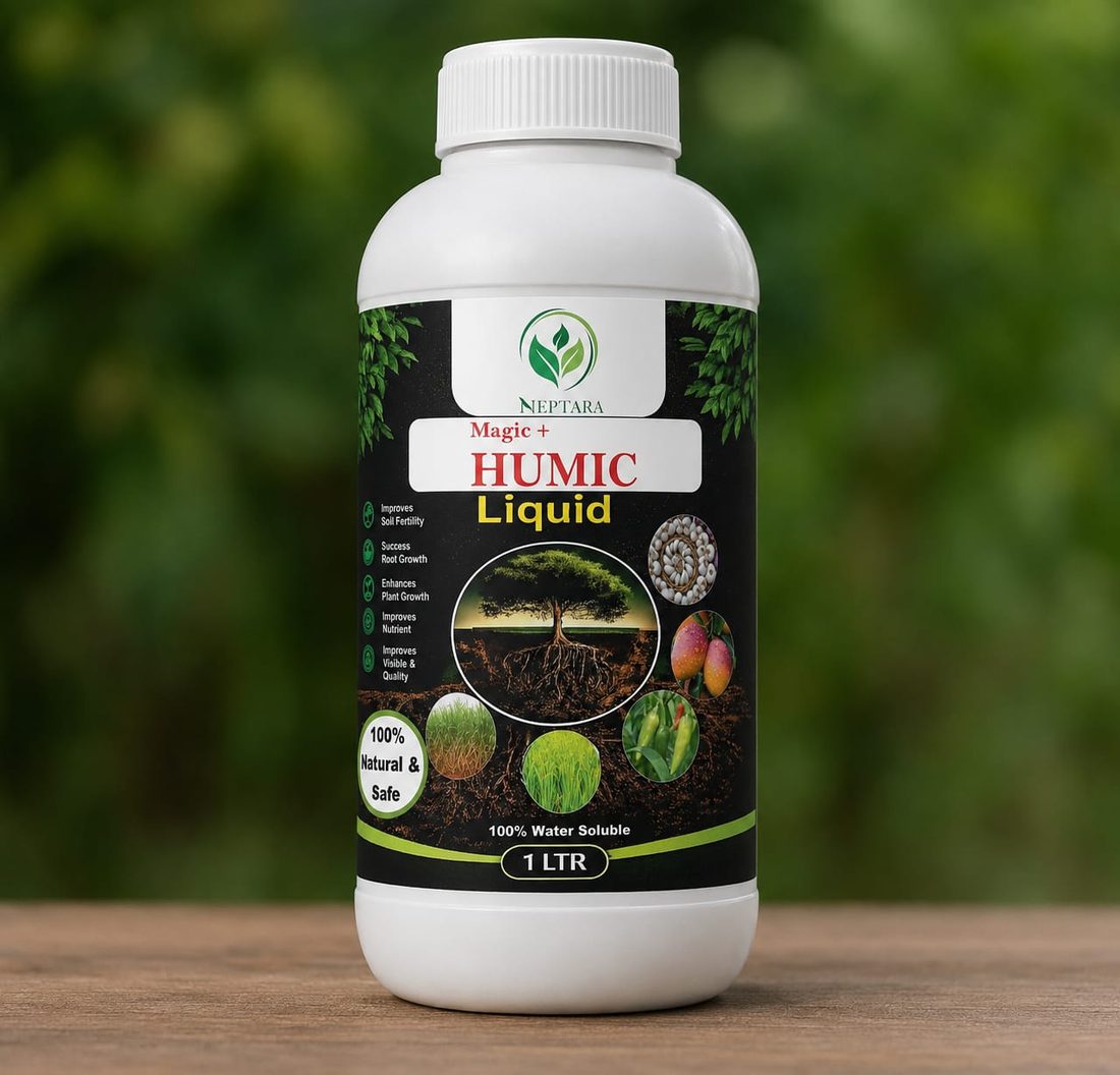 Neptara Magic+ Humic Liquid bottle on a wooden table